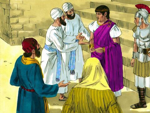 Po przesłuchaniu Jezusa namiestnik rzymski Piłat powiedział do arcykapłanów i tłumu: „Nie znajduję podstaw do skazania tego człowieka”. Potem odesłał Jezusa do Heroda Antypasa. Tam Go wyszydzono, ale nie uznano za winnego. Herod ponownie odesłał Jezusa do Piłata. – Slajd 2