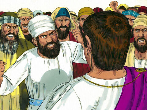 Namiestnik zapytał: „Którego z tych dwóch mam wam wypuścić na wolność?”. Odpowiedzieli: „Barabasza!”. „Co mam zatem zrobić z Jezusem, zwanym Chrystusem?”, pytał dalej. A wszyscy zawołali: „Ukrzyżuj Go!”. Piłat na to: „Co On złego zrobił?”. Lecz oni jeszcze głośniej krzyczeli: „Ukrzyżuj Go!”. – Slajd 6