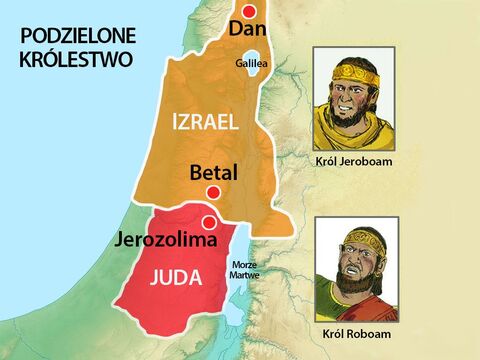 Kiedy Roboam został królem Izraela, Jeroboam zbuntował się przeciwko niemu. W wyniku tego doszło do podziału królestwa i powstania na północy państwa Izrael, w którym panował Jeroboam, a na południu Judy, rządzonej przez Roboama. – Slajd 1
