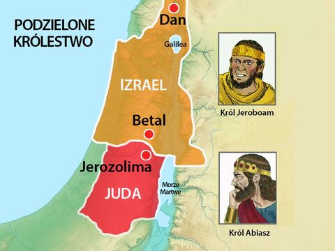 Jeroboam, który rządził Państwem Północnym, wybudował dwa nowe miejsca kultu – w Betel i Dan. Nie chciał bowiem, aby Izraelici pielgrzymowali do świątyni w Jerozolimie. – Slajd 3