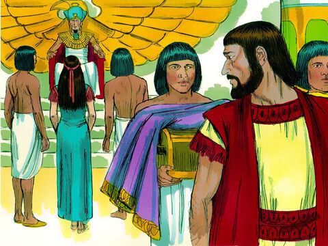Dworzanie faraona tak wychwalali piękno Saraj przed swoim panem, że zabrano ją do pałacu. Faraon obdarował w zamian Abrama owcami, bydłem, osłami, wielbłądami i niewolnikami. – Slajd 15