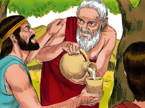 Abraham pobiegł i poprosił Sarę, aby upiekła chleb. Potem wybrał najlepsze cielę i przekazał je słudze do przyrządzenia potrawy. W końcu przyniósł masło, mleko i gotowe danie mięsne, by poczęstować swoich gości.<br/> – Slajd 3