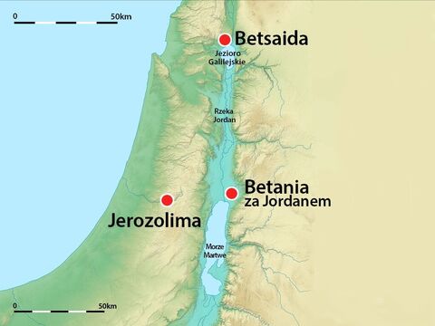 Następnego dnia Jezus wyruszył z Betanii do Betsaidy nad Jeziorem Genezaret.  A było to rodzinne miasto Andrzeja i Piotra. – Slajd 7