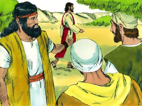 Następnego dnia Jan stał ze swoimi dwoma uczniami. Kiedy zobaczył przechodzącego Jezusa, powiedział: „Patrzcie, to jest Baranek Boży!”. – Slajd 2