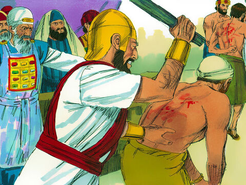 Słowa Gamaliela przekonały Radę, aby nie zabijać apostołów. Wezwano ich, kazano ubiczować i zabroniono przemawiać w imieniu Jezusa. – Slajd 10