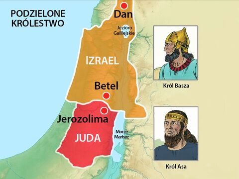Jeszcze wcześniej Izraelici zostali podzieleni na dwa narody. Król Asa rządził dwoma plemionami w Królestwie Południowym, w Judzie, podczas gdy król Basza rządził dziesięcioma plemionami w Królestwie Północnym, w Izraelu. – Slajd 2
