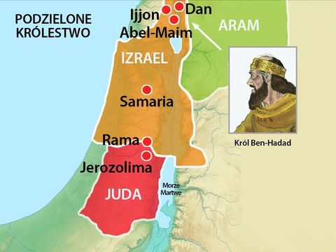 Jego wojska najechały na miasta Ijjon, Dan, Abel-Maim i inne pobliskie miejsca, w których przechowywano żywność. Kiedy Basza usłyszał, że jego kraj zaatakowano na północy, wycofał swoich ludzi z południa, aby się bronić. Wtedy król Asa przesunął swoje wojska na północ, by odzyskać Ramę i przenieść kamienie budowlane i drewno, które pozostawił tam Izrael. Potem wykorzystał te materiały do ​​umocnienia przygranicznych miast. – Slajd 10