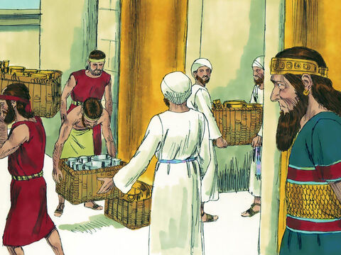 Na początku swego panowania król Asa podarował skarbcowi świątyni dużą ilość srebra i złota. Teraz wydał rozkazy, aby zabrać te bogactwa ze skarbca i przekazać je królowi Ben-Hadadowi z Aramu jako łapówkę. – Slajd 7