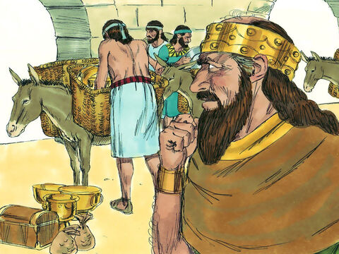 Skarb przewieziono do Damaszku z taką wiadomością od króla Asy: „Niech będzie umowa między Judą a Aramem, tak jak była  kiedyś między moim ojcem a twoim ojcem. Wysyłam ci srebro i złoto. Zerwij traktat z królem Izraela Baszą, aby musiał się wycofać”. – Slajd 8