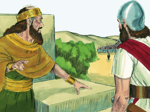 Ben-Hadad wziął złoto i srebro należące do Boga i zawarł przymierze z Asą. Natychmiast zebrał swoją armię i wyruszył przeciwko państwu Izrael. – Slajd 9