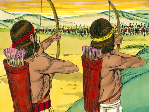 Walka rozpoczęła się. Wojownicy króla Asy uzbrojeni w łuki, strzały i włócznie zmierzyli się z ogromną armią uzbrojoną w rydwany bojowe. – Slajd 12