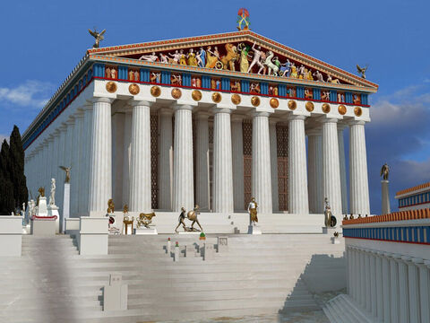 Rekonstrukcja 3D Partenonu autorstwa Johna Goodinsona. Świątynia była poświęcona bogini Atenie, którą mieszkańcy Aten uważali za swoją patronkę. – Slajd 10
