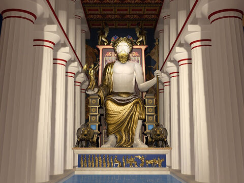 Rekonstrukcja postaci Zeusa w Świątyni Zeusa autorstwa Johna Goodinsona. Grecy wierzyli, że Zeus był bogiem nieba i piorunów, który rządził jako król bogów. Posąg miał ponad 10 metrów wysokości i był wykonany z kości słoniowej oraz złota. Zeus nosił szatę, koronę i trzymał w jednej ręce swój potężny piorun, a w drugiej mniejszy posąg Nike. – Slajd 11
