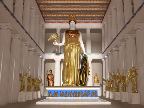 Rekonstrukcja bogini Ateny w Partenonie autorstwa Johna Goodinsona. Posąg miał ponad 10 metrów wysokości i przedstawiał boginię w wyszukanym hełmie, napierśniku z łusek węża i tradycyjnej ateńskiej szacie (peplos). Atena była boginią wojny , córką Zeusa. Jej tarczę zdobiły sceny bitewne. W wyciągniętej prawej ręce trzymała mały posąg Nike, bogini zwycięstwa. – Slajd 12