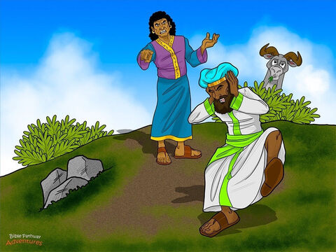 Król Balak był wściekły. Uderzał pięściami w ziemię. „Powiedziałem ci, abyś przeklinał Izraelitów, a ty pobłogosławiłeś im już trzy razy! Miałem zamiar dać ci wielkie bogactwa, ale Bóg powstrzymał cię przed otrzymaniem nagrody. A teraz idź do domu!”.<br/>Balaam wziął głęboki oddech. „Posłuchaj mnie – zaczął. – Powiedziałem twoim posłańcom, że nawet gdybyś dał mi wielkie bogactwa, nie mógłbym sprzeciwić się Bogu Abrahama, Izaaka i Jakuba. Wrócę do domu, ale najpierw mam kolejne ostrzeżenie od Boga ”.<br/>Król nie był pewien, czy chce usłyszeć, co ma do powiedzenia Balaam. Obawiał się, że prorok miał więcej złych wiadomości, ale było już za późno.<br/>„Mesjasz wyjdzie z Izraela i zniszczy jego wrogów – kontynuował Balaam – łącznie z twoim ludem w ziemi Moabu”.<br/>Król sapnął i zakrył uszy. To nie była wiadomość, którą chciał usłyszeć. „Co ty mówisz ?! – krzyknął. – Przestań! Nie chcę już tego słuchać. Po prostu idź do domu!”. – Slajd 14