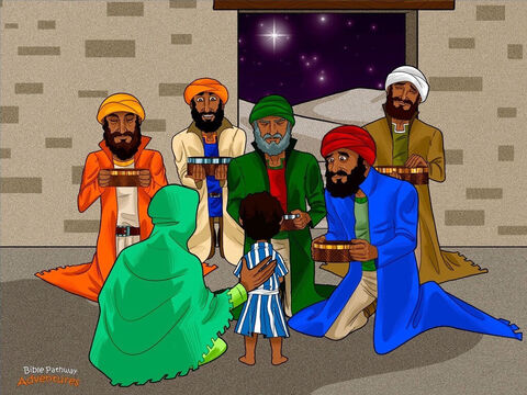 Magowie podążali za gwiazdą, aż zatrzymała się ona nad pewnym domem w Betlejem, gdzie przebywał młody Jeszua. Zsiadając z koni, weszli do środka, aby Go zobaczyć. „Chwała Bogu, to jest rzeczywiście Mesjasz” – powiedzieli.<br/>Potem padli na kolana i z całego serca oddali Mu pokłon. Następnie drżącymi rękami otworzyli swoje pakunki i wręczyli Mu cenne dary: złoto, kadzidło i mirrę.<br/>Magowie nie pozostali tu długo. Bóg ostrzegł ich, aby nie wracali do króla Heroda. Zanim król się zorientował, Magowie wrócili do Partii tak szybko, jak tylko było to możliwe. – Slajd 15