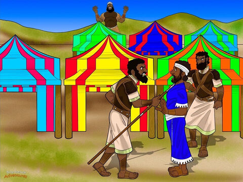 Żołnierze opowiedzieli Dawidowi wszystko o wyzwaniu Goliata. Następnie powiedzieli mu, co Saul obiecał mężczyźnie, który zabije Goliata: „Król da ci swoją córkę za żonę i dobrze potraktuje twoją rodzinę”. <br/>Dawid się uśmiechnął. Spodobała mu się nagroda, którą obiecał król.<br/>W tym momencie wystąpił brat Dawida Eliab: „Dlaczego tu przyszedłeś, dzieciaku?”. Szturchnął Dawida w pierś włócznią: „Powinieneś opiekować się owcami. Nie jesteś wojownikiem. Przyszedłeś tylko po to, by oglądać walkę!”.<br/>„Co zrobiłem złego? Ja tylko rozmawiam” – powiedział Dawid. Zignorował swojego starszego brata, odwrócił się do żołnierzy i kontynuował rozmowę. W głębi serca chciał pomóc ocalić lud Izraela przed Filistynami. – Slajd 11