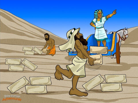 Na początku, kiedy Hebrajczycy przybyli do Egiptu, mieli łatwe życie. Józef, syn ich przywódcy Jakuba, był dobrym przyjacielem faraona, ale po jego śmierci Egiptem zaczęli rządzić inni faraonowie, którzy nie lubili Hebrajczyków. Zmuszali ich do coraz cięższej pracy, więc Hebrajczycy wołali do Jahwe, by ich ocalił: „Jahwe, proszę, nie zapominaj o swoim ludzie. Ocal nas od tego złego faraona!”.<br/>Nawet jeśli na to nie wyglądało, Jahwe, Bóg Abrahama, Izaaka i Jakuba, miał wszystko przemyślane. Nie zapomniał o swojej obietnicy danej Abrahamowi, że uczyni z Hebrajczyków wielki naród. Chociaż pozwolił, aby zostali wzięci do niewoli, miał też plan, jak ich uwolnić. Jego plan obejmował dziecko o imieniu Mojżesz, które pewnego dnia, gdy dorośnie, miało wyprowadzić naród izraelski z Egiptu. – Slajd 1