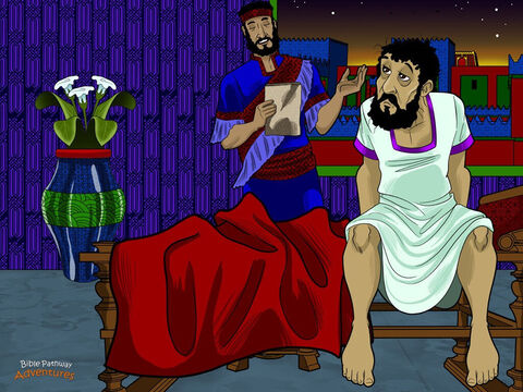 Tej nocy król nie mógł spać i przewracał się z boku na bok w swoim pałacowym łóżku. Aby umilić sobie czas, kazał sługom czytać sobie z królewskiej księgi dziejów. Gdy sługa przeczytał, że Mordochaj uratował królowi życie, ten zapytał: „Jaką nagrodę  za to otrzymał?”.<br/>„Żadnej” – odpowiedział sługa.<br/>W tym samym momencie Haman przybył do pałacu, aby zobaczyć się z królem. Zanim zdążył wypowiedzieć choćby jedno słowo, król powiedział do niego: „Jak powinienem nagrodzić człowieka, którego chcę uhonorować?”.<br/>Hamana przepełniała duma. Był pewien, że król mówi o nim. <br/>„Ten człowiek jest bohaterem! – powiedział. – Należy go ubrać w królewskie szaty, włożyć mu na głowę koronę i obwozić go konno po mieście”. – Slajd 12