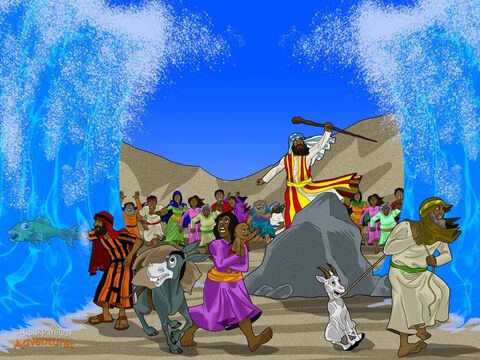 Bóg przekazał Mojżeszowi dalsze instrukcje: „Wyciągnij laskę, a morze rozdzieli się na dwie części. Powiedz ludowi, aby szedł ścieżką, którą utworzę przez wody. W ten sposób bezpiecznie dotrą na drugi brzeg, ale Egipcjanie nie”.<br/>Mojżesz posłuchał Boga i podniósł laskę nad morzem. Tej nocy wiał silny wiatr, aż morze się rozstąpiło. Dwie olbrzymie ściany wody rozciągały się jak okiem sięgnąć.<br/>Hebrajczycy wpatrywali się w ściany wody przed sobą. Były one wyższe niż najwyższa piramida! Nie mogli uwierzyć własnym oczom. Bóg przygotował dla nich ścieżkę przez morze, aby mogli po niej przejść suchą nogą.<br/>„Zbierzcie zwierzęta i podążajcie tą drogą” – powiedział Mojżesz do przerażonych Hebrajczyków, a ci nie tracili czasu. Szybko zebrali swoje zwierzęta i popędzili przez plażę w kierunku ścieżki. – Slajd 3