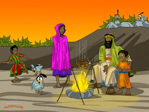Na pustyni Bóg ustanowił zasady, których wszyscy mieli przestrzegać. „Jeśli będziecie przestrzegać moich instrukcji, nie będziecie mieli takich samych kłopotów, jakie mieli Egipcjanie” – powiedział Hebrajczykom.<br/>Hebrajczycy słuchali uważnie, ale ciągle skarżyli się Mojżeszowi: „Mieliśmy lepsze życie w Egipcie. Przyprowadziłeś nas na tę zakurzoną pustynię, abyśmy umarli z głodu. Co mamy jeść?”.<br/>Bóg zwrócił się do Mojżesza: „Powiedz mojemu ludowi, że będę im codziennie posyłał jedzenie, z wyjątkiem jednego dnia w tygodniu. W tym dniu będą odpoczywać. Ten dzień będzie się nazywał szabat. Chcę się przekonać, czy będą przestrzegać moich poleceń”.<br/>Odtąd, gdy lud hebrajski każdego ranka otwierał swoje namioty, małe płatki chleba leżały rozrzucone na ziemi gęsto jak płatki śniegu. Nazywano je „manną” i smakowały jak miód. A każdego wieczoru przed kolacją Bóg posyłał do obozu stada ptaków, aby Hebrajczycy mogli je łapać i jeść. Ptaki te nazywały się przepiórki i były tak smaczne jak kurczaki. – Slajd 5