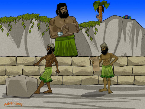Izraelici kontynuowali swoją podróż przez pustynię. Gdy zbliżali się do ziemi Kanaan, Bóg powiedział do Mojżesza: „Wyślij dwunastu mężów, aby zbadali tę ziemię, którą wam obiecałem”.<br/>Mojżesz wybrał jednego zwiadowcę z każdego z dwunastu plemion Izraela, w tym dwóch mężczyzn o imionach Kaleb i Jozue. „Chcę wiedzieć, jak wygląda Kanaan – powiedział do nich Mojżesz. – Czy ludzie są tam `silni? W jakich miastach mieszkają? Jeśli się odważycie, zbierzcie trochę owoców z ich winnic, a potem wróćcie i opowiedzcie mi wszystko!”.<br/>Przez czterdzieści dni zwiadowcy badali potężną ziemię Kanaan. Czekała ich tam wielka niespodzianka. Mieszkali w  tej ziemi przerażający giganci wysocy jak drzewa cedrowe. Zwiadowcy nigdy nie widzieli tak ogromnych ludzi! Drżąc ze strachu, pędzili z powrotem do obozu na trzęsących się nogach. – Slajd 16