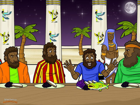 Bracia Józefa ponownie wyruszyli do Egiptu, tym razem z Beniaminem. Wzięli wiele darów dla namiestnika oraz podwójną sumę pieniędzy, aby oddać to, co było ukryte w ich workach.<br/>Kiedy Józef zobaczył Beniamina z braćmi, wypuścił z więzienia Symeona i zaprosił wszystkich do wspólnego posiłku. „Przygotujcie wielką ucztę – powiedział do swoich sług. – Ci ludzie zjedzą ze mną kolację dzisiejszego wieczoru”. Bracia spojrzeli nerwowo na siebie. <br/>„Dlaczego namiestnik zaprasza nas na posiłek? Może włożył pieniądze do naszych worków, aby móc ukraść nasze osły i uczynić nas niewolnikami?”.<br/>Mężczyźni nie mieli się czego obawiać. Tej nocy Józef wyprawił ucztę dla swoich braci, ale podczas posiłku wydarzyło się coś niezwykłego. Posadził ich przy stole od najstarszego do najmłodszego, a Beniaminowi podał pięć razy więcej jedzenia niż pozostałym. „Skąd on zna nasz wiek? – szeptali. – I dlaczego dał Beniaminowi więcej jedzenia?”. – Slajd 14