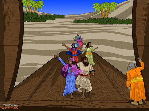 Jahwe powiedział do Noego: „Weź do arki dużo żywności dla siebie i zwierząt”. Noe zrobił dokładnie to, co powiedział Jahwe. Zebrał suszone owoce, warzywa i ryby dla swojej rodziny, a także zboże i siano dla zwierząt. Żona Noego przygotowywała posiłki od lat, więc wiedziała, że mają co jeść!<br/>„Teraz  – powiedział Jahwe – zabierz całą swoją rodzinę do środka arki i przygotuj się. Ja zbiorę zwierzęta i przyprowadzę je do was”. Rodzina Noego spojrzała nerwowo na siebie. Co Jahwe zaplanował dalej? Po cichu pozbierali swoje rzeczy i zanieśli je do arki.<br/>A Noe czekał na przybycie zwierząt. – Slajd 7