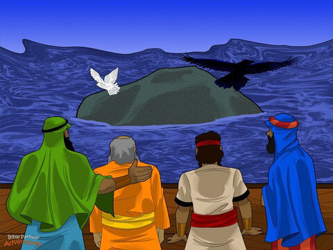 Każdego dnia rodzina Noego wyglądała przez okno, aby zobaczyć, czy woda już zniknęła. Jednak woda wciąż uderzała o boki arki.<br/>Pewnego dnia, gdy Noe i jego rodzina jedli śniadanie, zobaczyli w oddali kawałek skały.<br/>„Woda musi opadać!” – zawołał Noe, wskazując na skałę.<br/>„Naprawdę?” – zawołał Szem, pospiesznie podchodząc z  Hamem do okna i wpatrując się w ciemny, skalisty kopiec. Prawie nie mogli uwierzyć własnym oczom. <br/>„To prawda! Jahwe naprawdę o nas nie zapomniał!” – Slajd 13