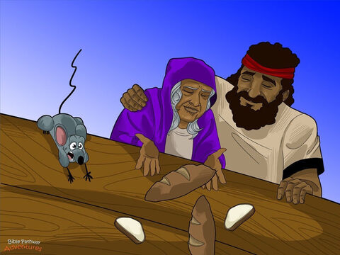 Noe i jego synowie otworzyli drzwi arki. Ze zdumieniem wpatrywali się w swój no wy dom. „Gleba wygląda na suchą! – powiedział Jafet, uśmiechając się do swojej matki. – Może znowu będziemy mogli uprawiać świeże warzywa”.<br/>Żona Noego klasnęła w dłonie. Z całego serca dziękowała Jahwe za uratowanie ich rodziny. Nie mogła się doczekać, aby zrobić wszystkim porządny posiłek.”. <br/>Jahwe powiedział do Noego: „Weź swoją żone, swoich synów oraz ich żony  i wyjdźcie z arki”.<br/>Noe i jego rodzina spojrzeli nerwowo na siebie. Byli szczęśliwi, że opuszczają łódź, ale potop zniszczył wszystko. Jak mieli żyć w tej dziwnej, nowej krainie? – Slajd 15