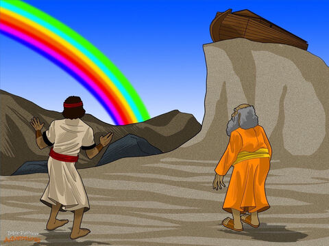 Jahwe pobłogosławił Noego i jego synów, mówiąc: „Noe, miej dużo dzieci, aby twoi potomkowie zapełnili ziemię”. Noe uśmiechnął się. Podobał mu się pomysł posiadania licznej rodziny. Zasadził winnicę, aby to uczcić.<br/>Jahwe miał obietnicę dla Noego i jego potomków. Powiedział: „Obiecuję, że już nigdy więcej nie zniszczę wszystkich żywych istot potopem. Na znak, że dotrzymuję swoich obietnic, umieszczę na niebie tęczę”. Noe i jego rodzina byli szczęśliwi. Byli gotowi całkowicie zaufać Jahwe.<br/>Słowa Jahwe trwają wiecznie. Odtąd, ilekroć zobaczysz tęczę na niebie, pamiętaj, że On zawsze dotrzymuje swoich obietnic! – Slajd 17