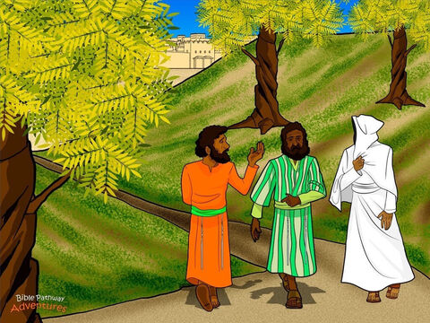 Tego samego dnia dwaj uczniowie opuścili Jerozolimę i udali się do wioski zwanej Emaus. Idąc drogą rozmawiali o wszystkich dziwnych i zadziwiających rzeczach, które wydarzyły się podczas Paschy.<br/>W pewnym momencie dołączył do nich nieznajomy. „Dlaczego jesteście smutni?” – zapytał. Uczniowie zatrzymali się. <br/>„Czy nie słyszałeś o śmierci wielkiego nauczyciela Jeszuy? On nauczał wielu ludzi o Królestwie Bożym. Wierzyliśmy, że On uwolni nas od naszych rzymskich władców, ale przywódcy religijni zażądali, aby Go skazać na śmierć”.<br/>Nieznajomy potrząsnął głową. „O, wy niemądrzy ludzie. W Piśmie Świętym jest napisane, że Mesjasz umrze za grzech swego ludu”. Następnie używając słów Mojżesza i proroków, wyjaśnił, jak i dlaczego Mesjasz musiał umrzeć. Serca uczniów napełniły się radością.<br/>Gdy doszli do Emaus, dwaj uczniowie zaprosili nieznajomego na posiłek. Gdy On pobłogosławił jedzenie, rozpoznali, że to był Jeszua. Jednak On  w jednej chwili zniknął. Uczniowie omal nie wyskoczyli ze skóry z wrażenia! Pobiegli z powrotem do Jerozolimy, aby powiedzieć innym uczniom, że Mistrz zmartwychwstał. – Slajd 12
