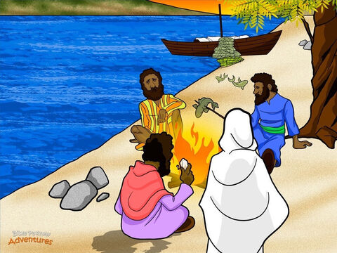 Kiedy uczniowie dotarli do brzegu, zobaczyli ogień z rybami na nim i chlebem. „Przynieście trochę ryb, które właśnie złowiliście” – powiedział Jeszua. Kiszki grały im marsza, więc podali Mu ryby z sieci. Żaden z nich nie odważył się zapytać: „Kim jesteś?”. W głębi serca wiedzieli, że to był ich zmartwychwstały Król.<br/>Tego ranka uczniowie usiedli na brzegu i zjedli pyszne śniadanie złożone ze świeżych ryb i chleba. Po tym, jak zjedli, Jeszua zwrócił się do Piotra: „Czy miłujesz Mnie?” – zapytał go trzy razy.<br/>Piotr spuścił wzrok. Wciąż czuł się zawstydzony, że zaprzeczył, iż zna Mesjasza. „Tak, wiesz, że cię kocham” – odpowiadał za każdym razem. „Zatem paś owce Moje” – powiedział Jeszua. Chciał, aby Piotr opiekował się i nauczał Jego lud, Izraela.<br/>Mesjasz ukazywał się swoim uczniom wiele razy po tym, jak powstał z martwych. Ciągle na nowo rozmawiał z nimi o Królestwie Bożym i wyjaśniał, że wszystkie Pisma wskazują na Niego. Dał im też ważne instrukcje: „Idźcie wszędzie i czyńcie uczniów. Uczcie ich czynić wszystko, czego was nauczyłem. I pamiętajcie, że Ja jestem zawsze z wami, aż do końca świata”. – Slajd 15