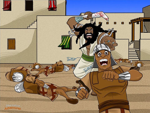 Zdeterminowani, by dopaść Samsona, Filistyni wysłali żołnierzy do Lechi, by go odnaleźć. „Pomóżcie nam schwytać tego brutala, a zostawimy was w spokoju” – powiedzieli do Izraelitów. Izraelici szybko się zgodzili. Byli zmęczeni kłopotami, jakie sprawiał Samson.<br/>Izraelici wiedzieli, że Samson był wielki i silny. Wysłali 3000 ludzi do jaskini, by go znaleźli. Kiedy dotarli do jaskini, powiedzieli do Samsona: „Co ty nam robisz? Filistyni są naszymi władcami. Musimy cię im wydać, zanim sprawisz więcej kłopotów”. Związali go nowymi linami i pomaszerowali z powrotem do Lechi.<br/>Gdy tylko Filistyni zobaczyli Samsona, wydali krzyk i rzucili się na niego z mieczami i włóczniami. Jednak Samson był gotowy do walki! Rozerwał liny na ramionach, znalazł leżącą na drodze kość szczękową osła i użył jej do zabicia tysiąca żołnierzy. Filistyni nie mogli się równać z potężnym Samsonem. – Slajd 8