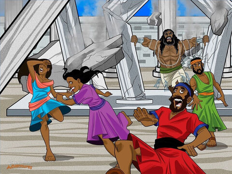 Pewnego dnia Filistyni zebrali się w swojej świątyni, aby złożyć ofiarę swojemu bogu-rybie, Dagonowi, i uczcić swoje szczęście. „Nasz bóg oddał Samsona w nasze ręce – mówili. – „Przyprowadźcie go, abyśmy mogli zakpić z tego Izraelity”.<br/>Samson został postawiony przed wszystkimi ludźmi w świątyni. Pełen wiary, modlił się ostatni raz: „Jahwe, daj mi siłę, abym mógł zemścić się na Filistynach”.<br/>Natychmiast Duch Boży powrócił do Samsona, dając mu wielką moc. Biorąc głęboki oddech, wyciągnął ramiona i położył obie dłonie na filarach podtrzymujących świątynię. „Niech umrę z Filistynami!”– krzyknął. Naparł na filary z całej siły i <br/>BUUUM! Dach świątyni runął w dół w wielkiej chmurze pyłu. Wszystko wokół trzaskało, tłukło się i pękało. Wszyscy w świątyni, łącznie z wodzami filistyńskimi i Samsonem, zginęli tego dnia. Jahwe dotrzymał swojej obietnicy. Użył swego potężnego wojownika Samsona, aby uwolnić Izraelitów od Filistynów. – Slajd 15