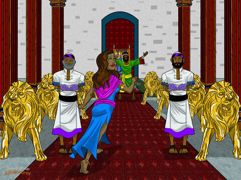 Pewnego wieczoru wielbłądy zatrzymały się wreszcie przed pałacem królewskim. Królowa przybyła do Jerozolimy. Salomon spotkał się z nią w swojej sali tronowej. „Bruchim haba'im Le Yerushalaim!”, czyli „Witamy w Jerozolimie!” – powiedział. Królowa wpatrywała się w salę, z szeroko otwartymi oczami. Dwanaście złotych lwów strzegło tronu. Ogromne drewniane filary wznosiły się wysoko w powietrze. „Tak wielu służących! Takie piękne ubrania! – wyszeptała. – Nie wierzyłam w te rzeczy, dopóki sama ich nie zobaczyłam”.<br/>Salomon wyprawił wielką ucztę dla królowej. Jedzenie, wino i muzyka wypełniły pałac. Muzycy grali na swoich instrumentach, a wszyscy jedli i pili, aż byli syci. Po uczcie królowa zadała Salomonowi wiele trudnych pytań, ale nie było ani jednego, na które nie potrafiłby odpowiedzieć. Jego mądrość pochodziła od Boga.<br/>„To, co słyszałam o tobie w moim kraju, jest prawdą – powiedziała królowa. – Jesteś bogatszy i mądrzejszy niż sobie wyobrażałam. Chwalmy Boga, który uczynił cię królem Izraelitów”. Potem dała Salomonowi wiele darów, w tym więcej przypraw, niż kiedykolwiek widział. A on dał jej wszystko, czego pragnęło jej serce. – Slajd 12