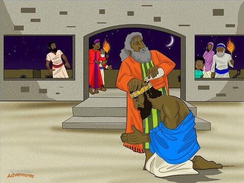 Ku zaskoczeniu Samuela, Bóg powiedział do niego: „Posłuchaj ludzi i zrób wszystko, co ci powiedzą. Daj im króla, ale ostrzeż ich, co król uczyni”.<br/>„Król uprzykrzy wam życie – powiedział Samuel do ludu. – Będzie brał dziesiątą część waszego zboża i trzody, a wy staniecie się jego niewolnikami”. <br/>Izraelici jednak i nie chcieli tego słuchać. „Chcemy mieć króla, który będzie nad nami panował” – mówili. <br/>Samuel nie odważył się sam wybrać króla. Czekał, aż Bóg wybierze odpowiedniego człowieka do tej roli. <br/>Spośród dwunastu plemion Izraela Bóg wybrał człowieka o imieniu Saul. Był to wysoki i przystojny mężczyzna, i wyglądał jak król.<br/>„Bóg uczynił cię królem Izraelitów” – powiedział do niego Samuel. Potem wylał oliwę na głowę Saula, by namaścić go na króla. <br/>„Twoim zadaniem będzie rządzić ludem i chronić go przed wszystkimi jego wrogami”. – Slajd 2