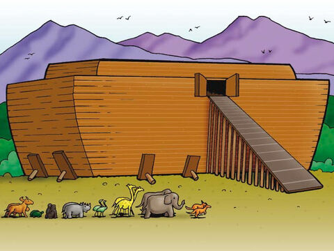 Bóg ostrzegł Noego, że ześle na ziemię deszcz – tak dużo deszczu, że nadejdzie wielka powódź. Bóg polecił Noemu zbudować arkę, w której wszyscy wierzący w Boga znajdą schronienie przed niebezpieczeństwami potopu. Noe był posłuszny Bogu. – Slajd 2