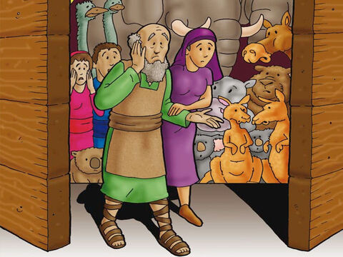 W końcu Bóg powiedział Noemu i jego rodzinie, aby weszli do arki. Byli posłuszni Bogu i zrobili to. Powiedział też dwóm zwierzętom z każdego gatunku, aby weszły do arki razem z Noem. Zwierzęta również były posłuszne Bogu. Kiedy Noe i jego rodzina byli bezpieczni w arce, Bóg szczelnie zamknął jej drzwi! – Slajd 4