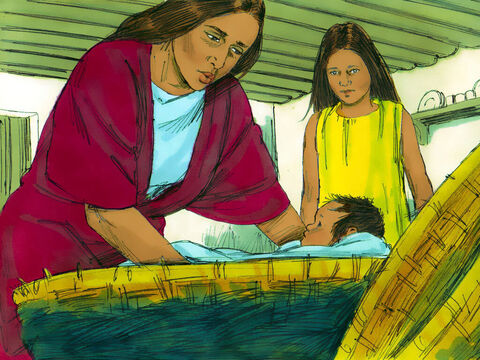 Potem włożyła chłopca do koszyka i zaniosła go nad brzeg Nilu. Pomagała jej w tym jej córka Miriam. – Slajd 16