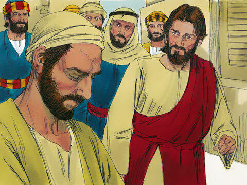 Pewnego razu, kiedy Jezus przechodził przez Jerozolimę, zobaczył człowieka niewidomego od urodzenia. Uczniowie zapytali:<br/>„Nauczycielu, kto zgrzeszył, on czy jego rodzice, że się urodził niewidomy?”. „Jego choroba nie wynika ani z jego grzechu, ani z grzechu jego rodziców”, odpowiedział Jezus.<br/> – Slajd 1
