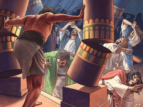 Przyprowadzili więc Samsona z więzienia, aby się z niego naśmiewać. Sługa wprowadził go do środka, a Samson powiedział do niego: „Pozwól mi poczuć filary, które podtrzymują świątynię. Chcę się o nie oprzeć”.<br/>Stanął między dwoma głównymi filarami podtrzymującymi świątynię, trzymając prawą rękę na jednym, a lewą na drugim. Następnie pomodlił się: „Panie Boże, pamiętaj o mnie i proszę, daj mi siłę jeszcze raz. Niech umrę razem z tymi Filistynami!”.<br/>Potem pchnął tak mocno, jak tylko mógł. Świątynia runęła na królów i wszystkich znajdujących się w niej ludzi. Tak więc Samson zabił więcej Filistynów, kiedy umarł, niż kiedy żył. – Slajd 6