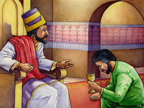 Nehemiasz modlił się przez cztery miesiące, aż pewnego dnia, w kwietniu, służąc królowi, odczuwał wielki smutek.<br/>Król Artakserkses zapytał: „Dlaczego twoja twarz wygląda tak smutno, skoro nie jesteś chory?”.<br/>Nehemiasz przestraszył się, bo wiedział, że król wydał już rozkaz, by zaprzestać wszelkich prac przy odbudowie murów Jerozolimy.<br/>Odpowiedział jednak: „Dlaczego miałbym się nie smucić, skoro moje rodzinne miasto leży w gruzach, a jego bramy są spalone?”. <br/>Bóg odpowiadał na modlitwę Nehemiasza, a gdy król zapytał, czego on chce, odpowiedział: „Jeśli to się spodoba królowi, niech mnie pośle do Jerozolimy, abym odbudował jej mury”.<br/>Król zapytał Nehemiasza, ile czasu będzie potrzebował na wykonanie tej pracy budowlanej, a następnie dał mu pozwolenie na wyjazd. – Slajd 5