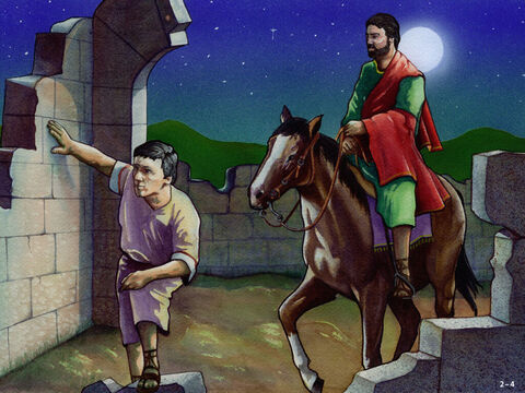 Po trzech dniach pobytu w Jerozolimie, pewnej nocy Nehemiasz wraz z kilkoma przyjaciółmi wyruszył, by obejrzeć zrujnowane mury Jerozolimy i ocenić szkody. Był to smutny widok. Były takie odcinki zniszczonych murów, gdzie Nehemiasz musiał zejść z wierzchowca, na którym jechał, gdyż nie dało się przejechać. Zaczęli przy Bramie nad Doliną i podążali wokół murów. Przez cały czas Nehemiasz planował, jak ta praca będzie wykonana. – Slajd 4