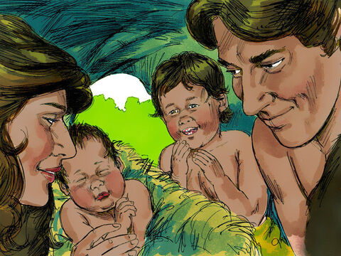 Adamowi i Ewie urodził się syn, którego nazwali Kain. Później Ewa urodziła jeszcze jednego syna, Abla.<br/> – Slajd 1