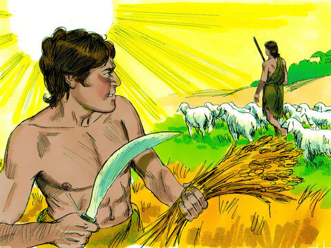 Pewnego dnia Kain zaproponował bratu: „Chodźmy razem na pole”.<br/> – Slajd 6