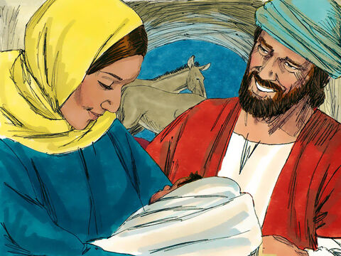 Tej nocy Maria urodziła swego pierworodnego syna. Owinęła Go w pieluszki i położyła w żłobie. – Slajd 15