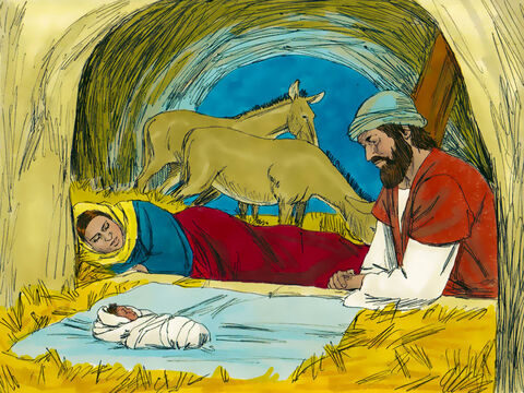 Maria urodziła Jezusa w stajni, bo w zajeździe nie było dla nich miejsca. Potem owinęła go w pieluszki i położyła w żłobie. <br/> – Slajd 1