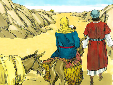 Józef wstał jeszcze w nocy, zabrał Dziecko oraz Marię i wyruszył w długą drogę w kierunku Egiptu. – Slajd 11