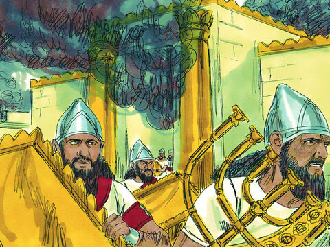 Kiedy król Nebukadnessar najechał na Jerozolimę, zabrał ze świątyni złote i srebrne naczynia. Król Belszassar rozkazał przynieść je teraz na przyjęcie i pili z nich wino – on oraz  jego dostojnicy. – Slajd 3